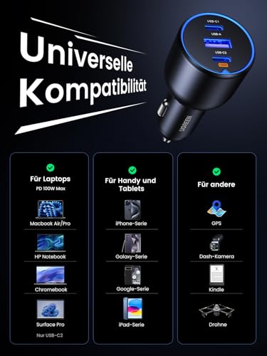 UGREEN 130W Zigarettenanzünder Schnellladen USB C 100W & 30W PD/QC Auto Ladegerät 3-Port 12V-24V KfZ Zubehör für MacBook Pro, iPhone 17/17Pro/17Pro Max/17 Air/16-12, iPad, Galaxy S25/S24