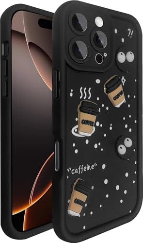 Image of SHINESTAR Back Cover for iPhone 16 Pro - 3D Cartoon Coffee & Eyes Design | Soft Silicone Shockproof Case with Full Camera Protection | Cute & Playful Phone Cover - Black