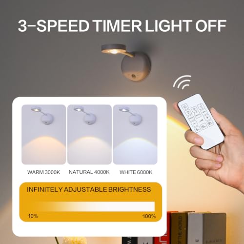 Image of XPESUVC Motion Sensor Wall Light Rechargeable LED Spotlight Flexible Rotate Bedside Reading Lamps with 3 Color Temperature for Picture, Mirror, Hallway (White, 1 Pack(with Remote Control))