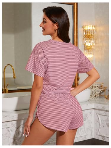 Image of OYOANGLE Womens Pajama Sets 2 Piece Sexy Lounge Sets Summer Cute Pjs Striped Print Tee and Side Split Shorts Set