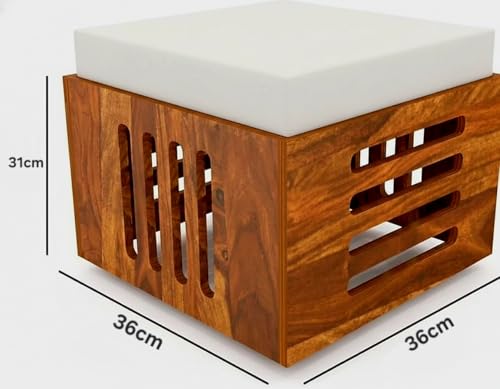 Image of Solid Sheesham Wood Coffee Table for Living Room |Wooden Rectangle Coffee /Tea Table with 2 Cushioned Stools Center table with Storage Teapoye for Home, Living Room, Balcony, Natural Honey