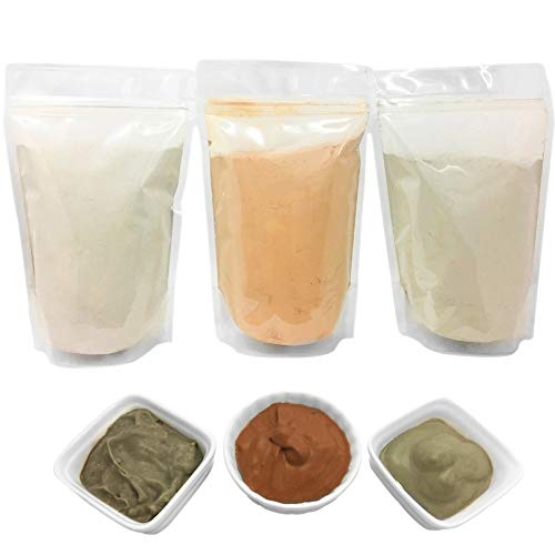 Bentonite (Indian Healing) | Moroccan (Red-Rhassoul) | European (French-Green) Clay Powder - 3 Pack / Multipack Set For Making Clay Mud Masks For Skin, Hair & Face - By Halaleveryday #TOP4