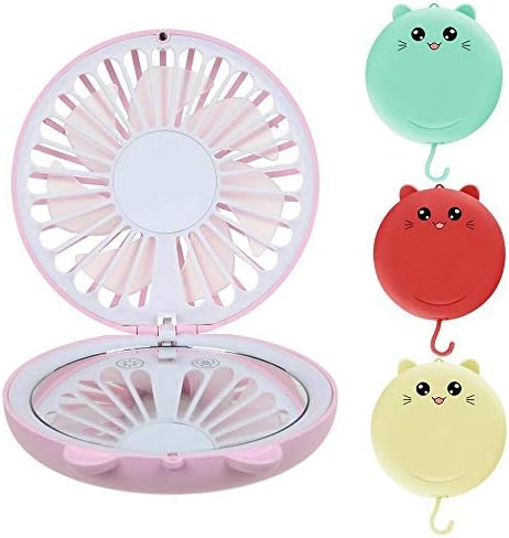 Multi-Function Small Body Portable Hand-held Mirror Lucky Cat Fan USB Rechargeable LED Air Cooler with Pink Color