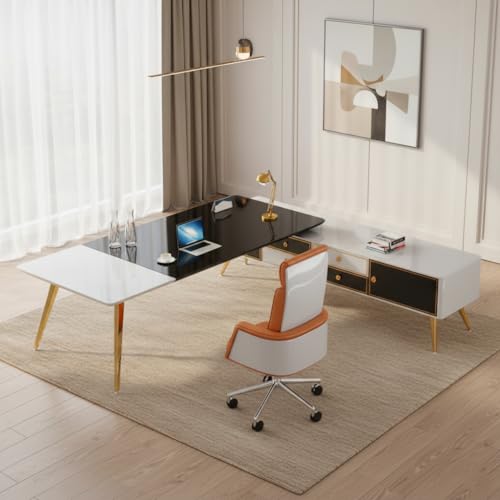 Image of Lakdi The Furniture Co Luxury Director L-Shape Office Table with Premium Glossy Executive Desk with Integrated Drawers and Unique Design Table - LDL-708