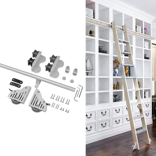 10ft Silver Metal Sliding Ladder Rail with Floor Roller Wheels, Home Office Library Rolling Track Hardware Set, Adjustable Length 100-600cm, Ladder Not Included