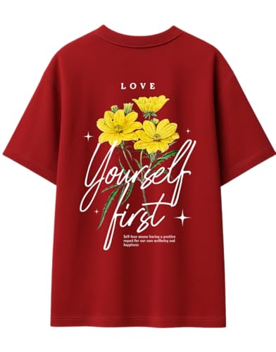 Image of Oversized Cotton T-Shirt for Women Half Sleeve - Love Yourself First Printed Tee - Breathable Loose Fit Motivational Casual Wear for College and Daily Outfits