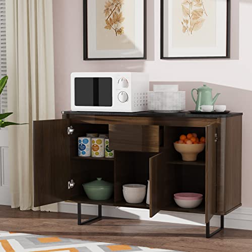 Silkydry Sideboard Buffet Cabinet, Kitchen Storage Cabinet W/Adjustable Shelves, Large Drawer, 3 Doors & Metal Legs, Cupboard Console Table For Living Room, Dining Room, Entryway, Hallway (Walnut) #TOP1