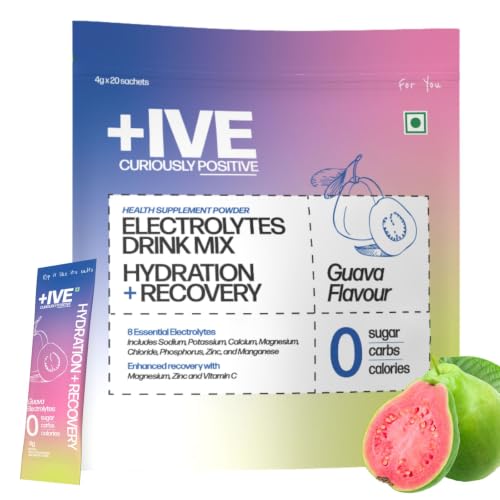 Image of Curiously +IVE(Positive) Electrolytes Drink Mix - 20 Sachets | Guava Flavour | Zero Sugar, Zero Carbs, Zero Calories | 8 Essential Electrolytes | Hydration + Recovery | Health Supplement Powder | Keto Friendly