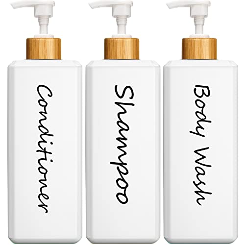 GMISUN Shampoo and Conditioner Dispenser Refillable White Shampoo and Conditioner Bottles with Bamboo Pump Modern Bathroom Shower Bottles Set for Shampoo Conditioner Body Wash 3 Pack