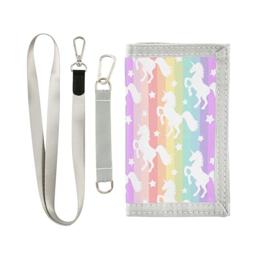 Rainbow Unicorn Kids Wallet for Boys Girls, Teen Canvas Trifold Purse with Zipper Coin Pocket