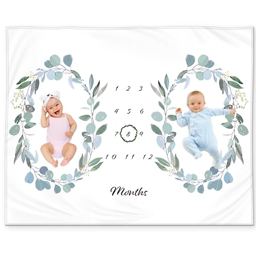 Image of Twins Baby Monthly Milestone Blanket – Soft Fleece Baby Month Blanket – Eucalyptus Leaves Design – Gender Neutral for Twin Boys or Girls, Baby Shower Nursery Decor, Twin Baby Essentials, 50x40