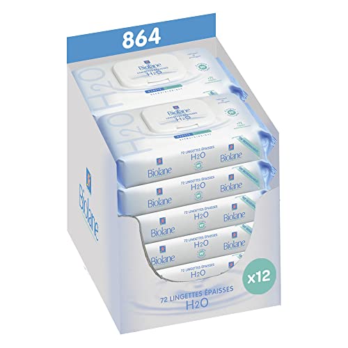 - 婴儿用水 H2O 清洁湿巾 - 12x72 包(864 块湿巾) - 敏感肌肤 - 清洁和保护面部和臀部 - 无需冲洗 - 从出生开始