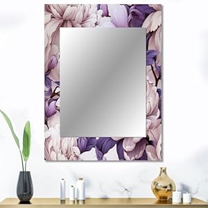 Cool Grey Blue Floral Sleekness Floral Wall Mirror, Printed White Wall Mirror, Traditional Bathroom Wall Mirror, Decorative Floral Mirror – 30×40 Inches