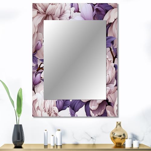 Cool Grey Blue Floral Sleekness Floral Wall Mirror, Printed White Wall Mirror, Traditional Bathroom Wall Mirror, Decorative Floral Mirror – 30×40 Inches