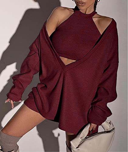 Image of ECDAHICC Women's Two Piece Outfits Knitted Halter Neck Crop Tank Tops and Oversized Off Shoulder Deep V Neck Pullover Sweater