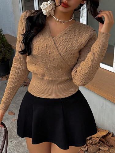 Image of ZAFUL Women's V Neck Cable Knit Sweater Long Sleeve Ribbed Crop Tops Wrap Surplice Solid Casual Pullover Jumper