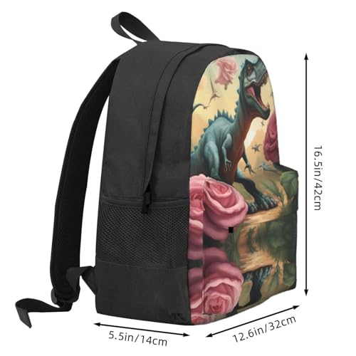 Dinosaurs Roses Large Capacity Travel Backpack - Polyester Backpack,Multi-Functional Storage Bag3