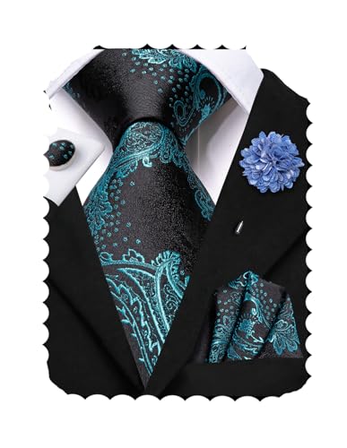 Image of Hi-Tie Men's Tie Lapel Pin Set Pocket Square Cufflinks Formal Woven Silk Tie Sets Wedding Party