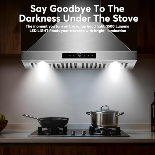 Image of 30 Inch Wall Mount Range Hood 1200 CFM, 4-Speed Smart Kitchen Range Hood 30 Inch with Touch Control & Gesture Sensing, 1500 Lumens LED Lights