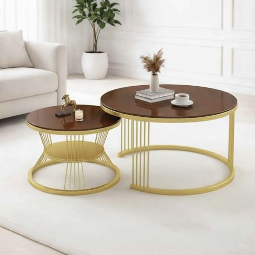 Image of Round Coffee Table Set of 2 for Living Room Wooden Top with Gold Metal Frame Modern Nesting Center Table for Sofa Area Home & Office Furniture (Golden Brown)