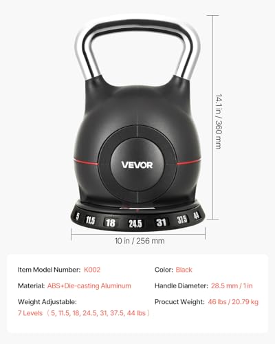 VEVOR Kettlebell, regulowany kettlebell z 7 poziomami wagi (5, 11,5, 18, 24,5, 31, 37,5, 20 kg), odlew aluminiowy i materiał ABS, do treningu siłowego, treningu całego ciała i treningu crossowego