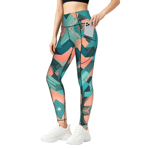 Leggings con estampado de flechas coral con bolsillos prácticos y cintura alta elástica para mujer