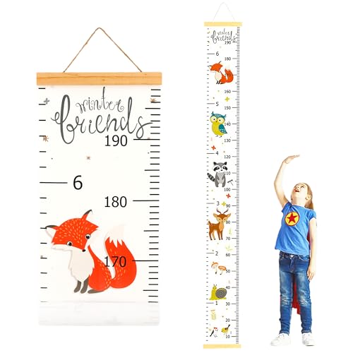 Image of DOOLMIN Baby Height Growth Chart, Canvas Height Measuring Chart for Kids Child Toddler Boys Girls, 79" x 7.9" Hangable and Removable Waterproof Wood Ruler for Wall Room Nursery Décor (White Fox)