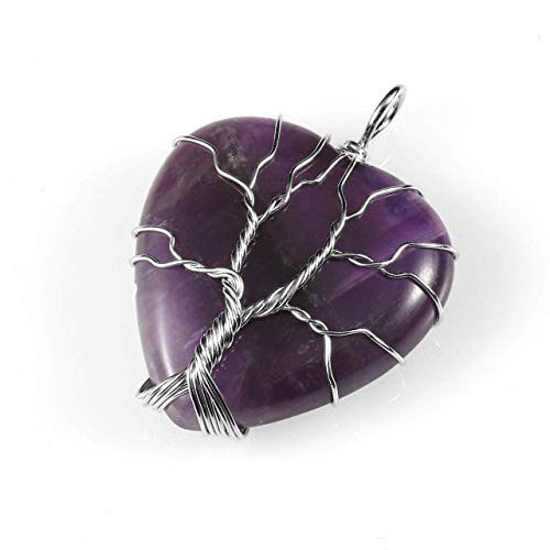 Top Plaza Bundle – 2 Items: Amethyst Healing Crystals Heart Tree Of Life Necklace & Methyst Heart Love Thumb Worry Stone Pocket Palm Gemstones #TOP26