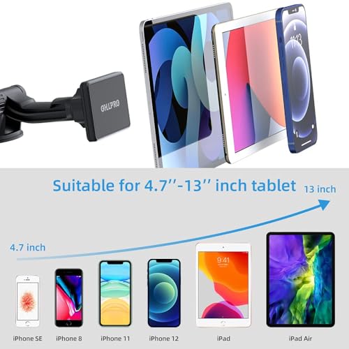 OHLPRO Dashboard Magnetic Tablet Holder for Car, Windshield iPad Car Phone Suction Cup Mount with Magnets, for All 6"-11" Apple Phones iPad Samsung Galaxy Tab Tablet, 360° Rotation, Black