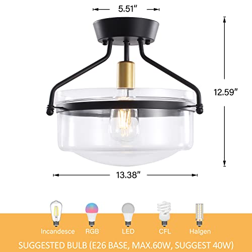Heircido Flush Mount Ceiling Light Fixtures Black, 13.5 Inch Metal Ceiling Light Fixtures, Farmhouse Close To Ceiling Light Fixtures With Clear Glass #TOP6