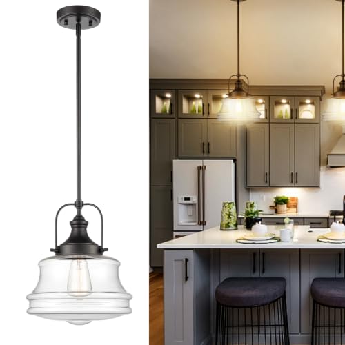 DEYNITE Black Schoolhouse Pendant, 11-in Clear Glass Kitchen Island Light