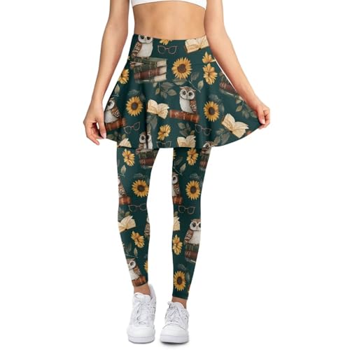 Animepark Owl Book Sunflower Leaves Womens Yoga Skirted Leggings School Running Jogging Legging with