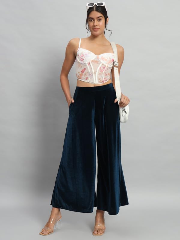 Image of Vaararo Party Trousers for Women | Shiny Velvet Fabric Wide Bottoms Stylish Palazzo Pants
