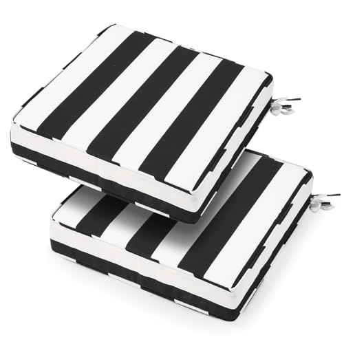 BLSTISCEN 18x18x3 Inch Outdoor Square Corner Chair Cushions with Ties Set of 2, Water&Fade Resistant Thick Seat Cushion Pads for Garden Patio Dining Porch Furniture - Black White Striped