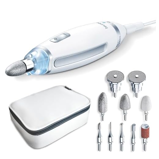 Beurer MP 62 Maniküre-/ Pediküre-Set, elektrische Nagelfeile mit 10 hochwertigen Nagelpflege-Aufsätzen, LED Licht, stufenlose Geschwindigkeitsregelung, mit Aufbewahrungstasche, Weiß