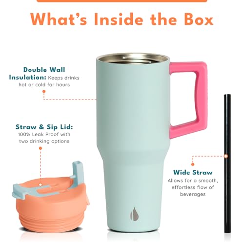 Image of Elemental 100% Leak Proof 32oz Tumbler with Handle & Straw Travel Mug | Stainless Steel Double Wall Insulated Tumbler for Hot and Cold Beverages with Sip & Straw Lid