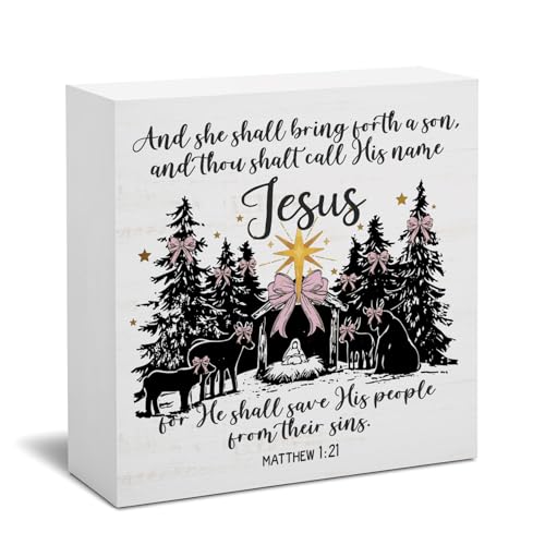 STHTTSW Christian Christmas Decor, Nativity Christian Pink Bow Xmas Wooden Box Sign, Religious Bible Verse Scripture Wood Signs for Home Bedroom Church Desk Shelf Tabletop Wall Decor, 5x5 Inch