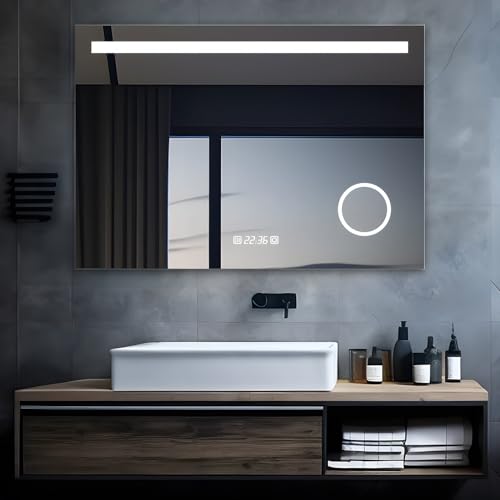 MIQU Espejo de baño con Luce 100x70cm Espejo de baño LED, Espejo de Pared Grande con Enchufe - Luz Blanca cálida/fría Interruptor táctil - con Reloj - con antivaho - con 3 aumentos función de Espejo