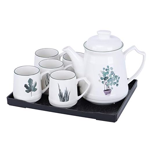fanquare 8 Piezas Juego de Té de Porcelana con Plantas Verdes Nórdicas, Juego de Café de Cerámica, Servicio de Té para Hogar y Fiesta