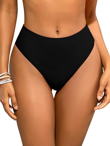 SHEKINI Damen Tanga Bikini Unterteil Hohe Taille Geraffte Rückseite Badeanzug Unterteil (Schwarz XL)