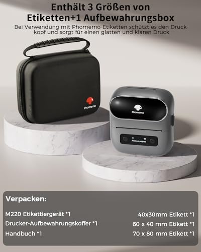 Phomemo M220 Etikettendrucker, Bluetooth Tragbarer Etikettendrucker für Barcode, Adresse, Haus, Mailing, Kleinunternehmen, Kleidung, mit 3 Rollen Etiketten & Tasche,Grau