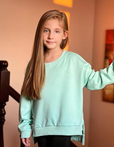 Image of Arshiner Girls Crewneck Sweatshirt Long Sleeve Pullover Tops Drop Shoulder Sweatshirts Side Split