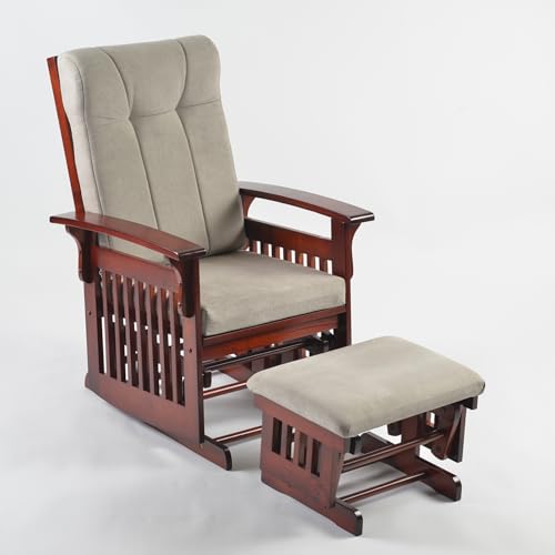 Image of Rustic Rubber Wood Glider and Ottoman Set, Nursery Glider Chair for Breastfeeding and Relaxing, Comfortable Rocking Chair for Living Room and Bedroom(Beige)