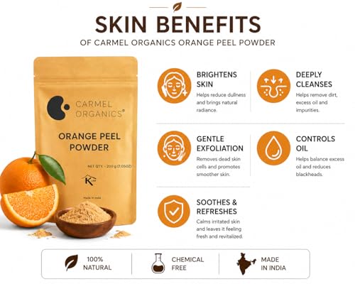 Image of CARMEL ORGANICS Orange Peel Powder 200 Grams | Natural Cleanser & Skin Brightener, Rich in Vitamin C, Perfect for Face Masks & Hair Packs, No Additives or Preservatives
