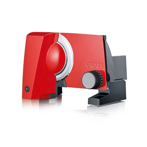 GRAEF S10003 - Elektrischer Allesschneider SKS100, Made in Germany, Edelstahl-Wellenschliffmesser Ø 170 mm, Schnittstärke 0-20 mm, Energiesparmotor 170 W, Platzsparend, Standfuß, Kindersicherung, Rot