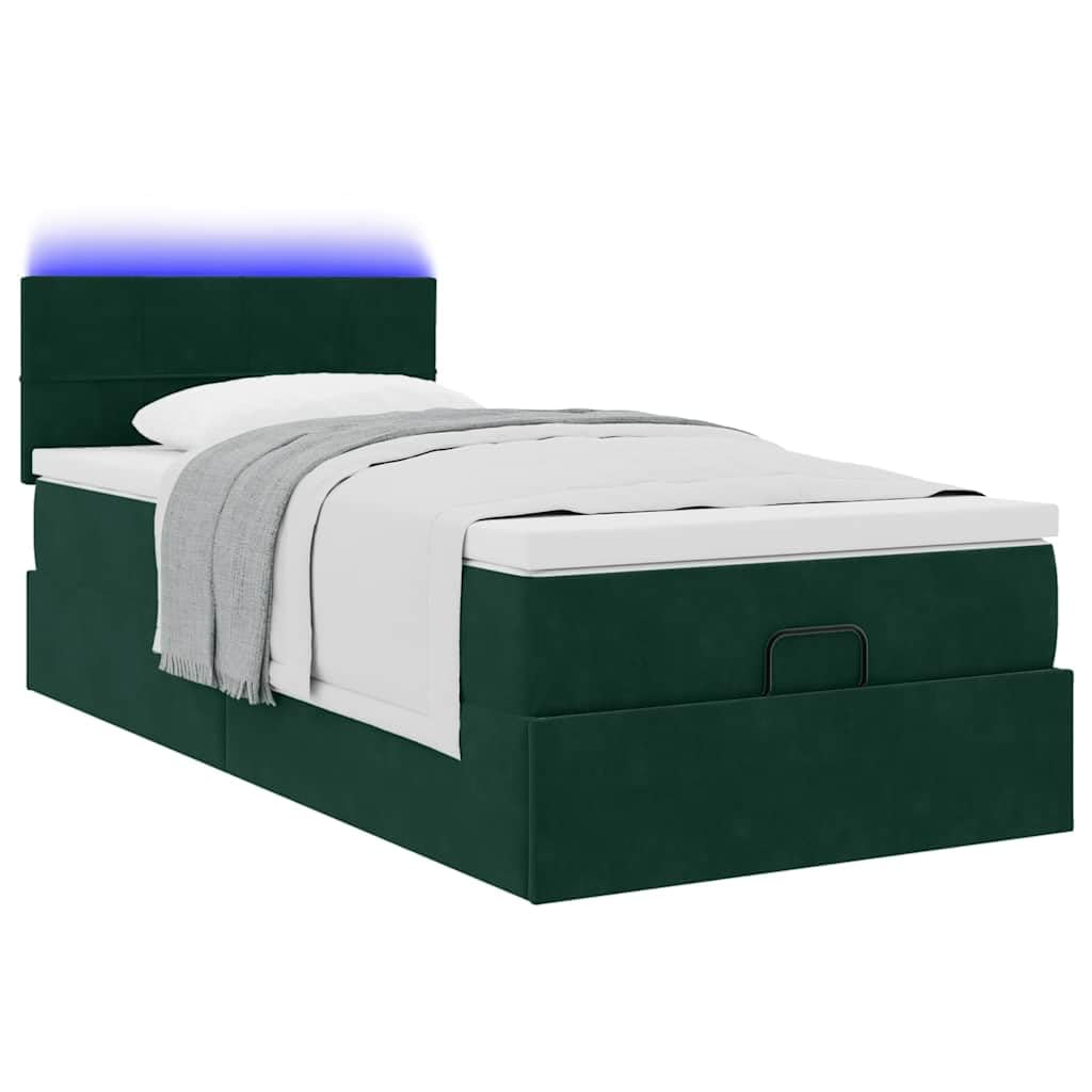 Juego otomana con colchón e iluminación LED, color verde oscuro, 100 x 200 cm, terciopelo doble, con espacio de almacenamiento, cama tapizada, cama de metal, cama infantil, sofá cama