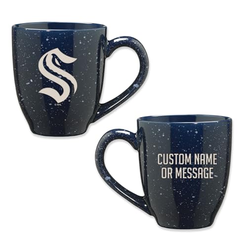 Image of Rico Industries NHL Hockey Seattle Kraken Navy Personalized 16 oz Team Color Laser Engraved Speckled Ceramic Coffee Mug