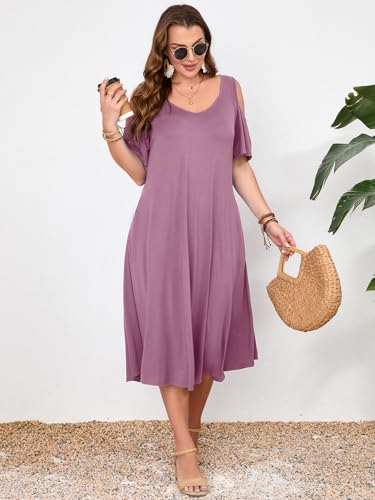 Image of LARACE Plus Size Women Dress for Summer, Midi Women's Sundress, Casual V-Neck Short Sleeve Flowy T-Shirt Dresses with Pockets