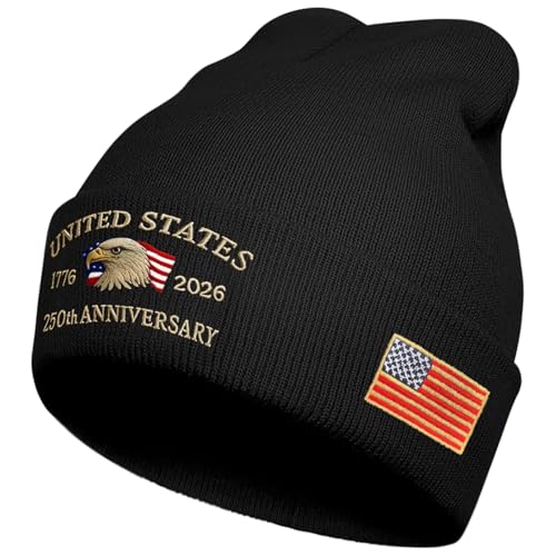 250th Anniversary USA Knit Hat Warm Cozy Embroidery Beanie for Women Men 250 Year American Anniversary Merchandise Black