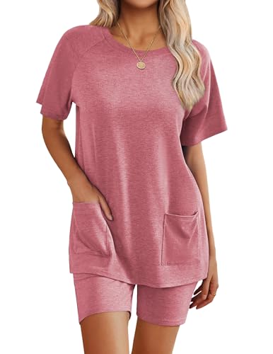Ekouaer Womens 2 Piece Lounge Sets 2025 Summer Outfits Short Sleeve Tops and Biker Shorts Casual Clothing with Pocket